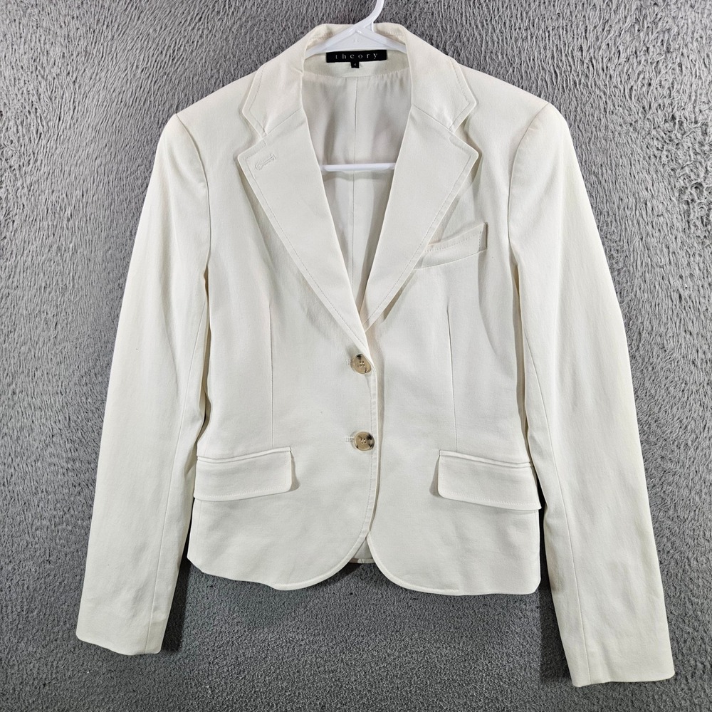 Theory Womens White Cotton Blend 2-Button Tailored Blazer Jacket Size 4